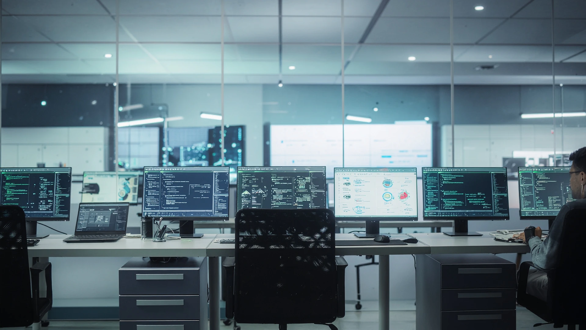 Centro de operaciones tecnológicas con sistemas de IA aplicada, automatización y paneles profesionales