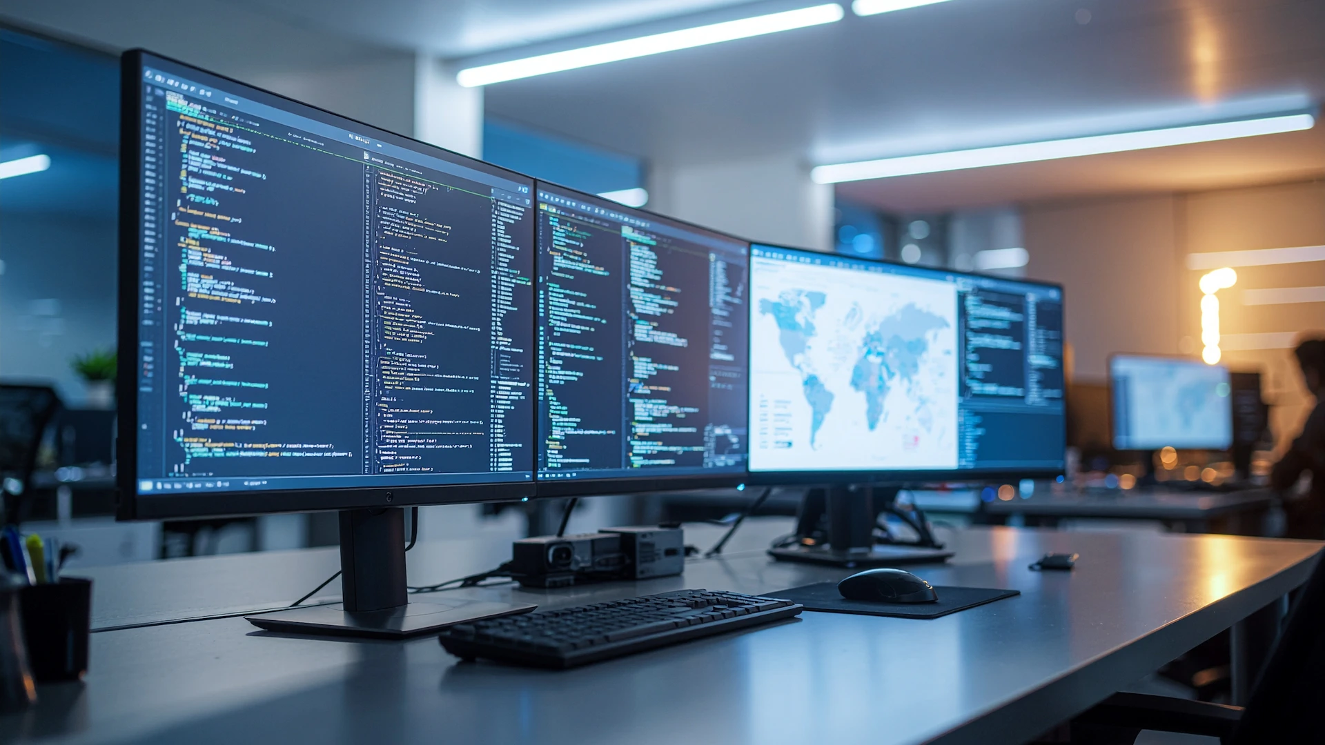 Entorno de ingeniería aplicada con monitores, código, arquitectura de sistemas y paneles de datos