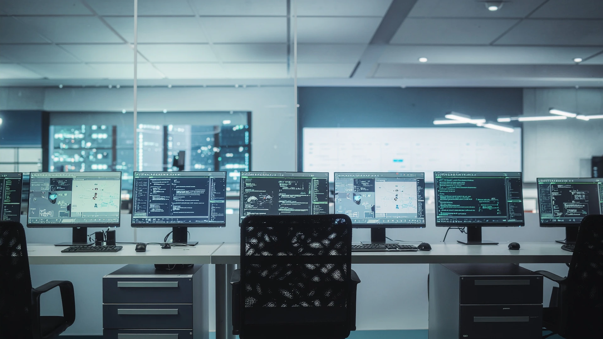 Entorno tecnológico profesional con múltiples estaciones de trabajo y sistemas digitales aplicados
